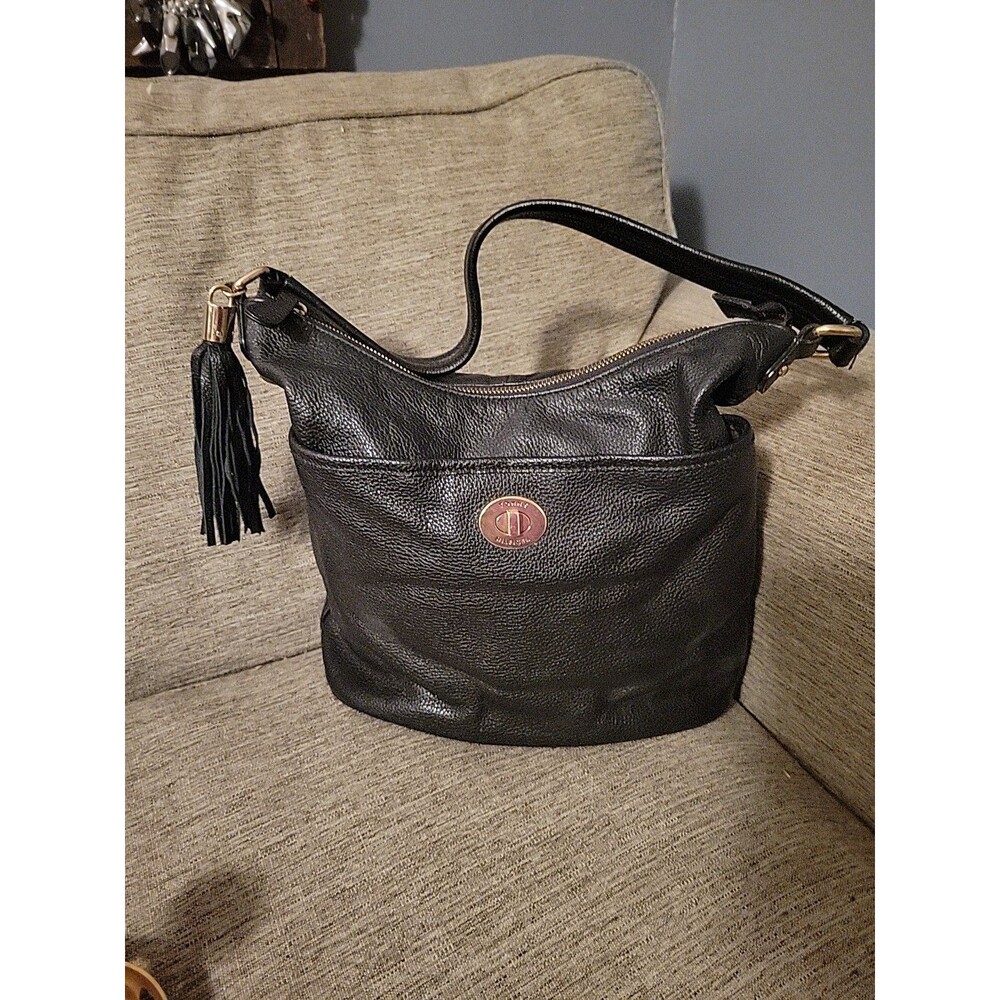 Vtg Tommy Hilfiger Leather Handbag Purse Dark Black Tassel Turn Lock Y2K
